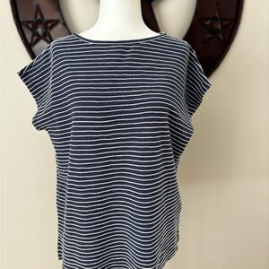 Chaps Navy and White Classic Essential Striped Cap Sleeve Tee Sz Small Cotton